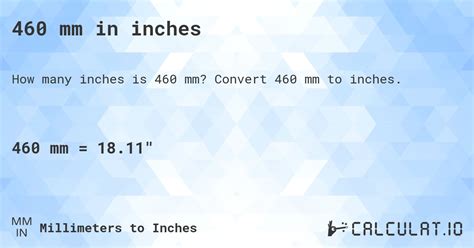 Quick conversion chart of mm to inches. 1 mm to inches = 0.03937 inches. 10 mm to inches = 0.3937 inches. 20 mm to inches = 0.7874 inches. 30 mm to inches = 1.1811 inches. 40 mm to inches = 1.5748 inches. 50 mm to inches = 1.9685 inches. 100 mm to inches = 3.93701 inches. 200 mm to inches = 7.87402 inches. 